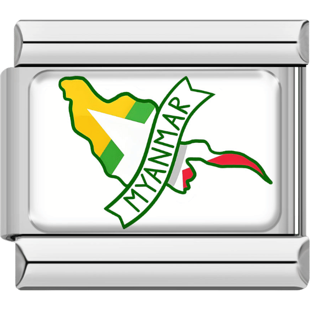 Silver-framed Italian charm showing the map of Myanmar in green, yellow and red flag colors with a curved banner reading “Myanmar.”